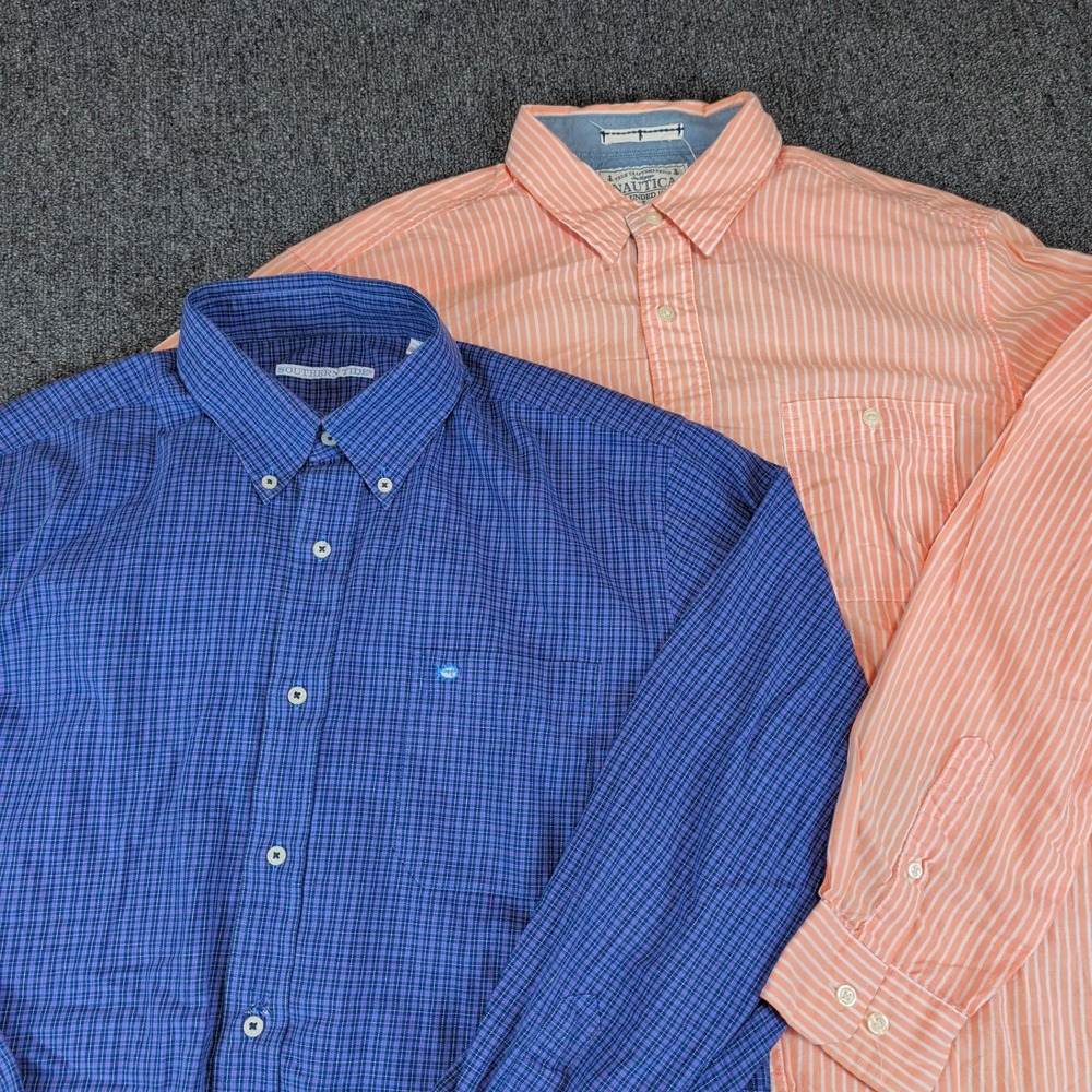 Southern Tide Nautica Size L Button Down Shirt Bundle Blue Plaid Orange Strip — photo 2